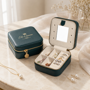 Luxury Square PU Mirror Jewelry <b>Box</b> with Zipper Closure for Ring Necklace <b>Earring</b> Storage and Travel <b>Gift</b> Packaging - Product Image 1