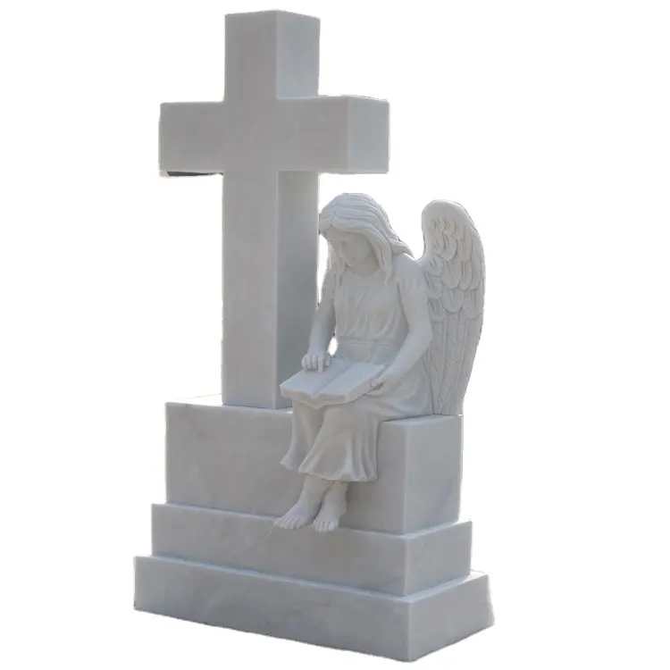 白い大理石の十字架の墓石天使の墓石墓石