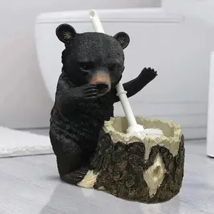 Cute Bear Base Resina Estatueta Estátua Com Toilet Brush Holder Set para Banheiro