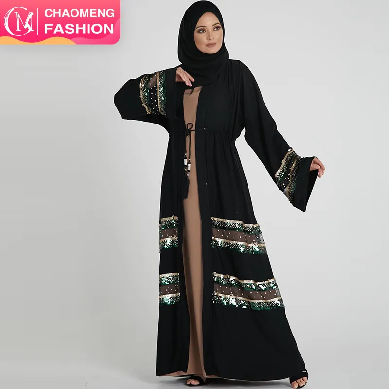 1811 # Atember aubende Farbe Pailletten Spitze New Abaya Kimono Islamische Kleidung Muslim Kimono Cardigan Abaya Stone 2020