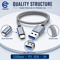 LUNG KAY Memproduksi Kabel USB 3.0 a ke C Profesional 10Gbps PD 60W 3A Kabel Data Berlapis untuk Laptop SSD Kamera Kustom OEM ODM