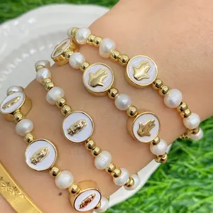 Bracelet religieux perlé en or 24 K, pour la mère de la perle, breloque de la main de khamsa, vierge marie, perle d'eau douce,