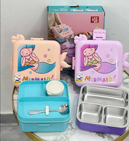 Boîte à lunch bento pour enfants en acier inoxydable 304 à 3 compartiments, étanche, avec couvercles, motif sirène, pour le stockage des aliments