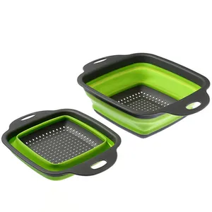 SYW671 2 unids/set colador plegable de silicona con mango, cesta de drenaje de lavado de frutas y verduras