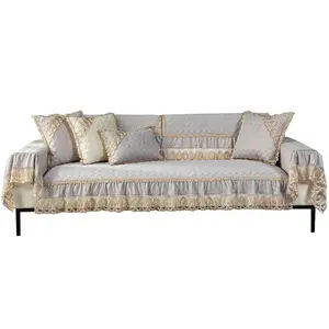 European Four Seasons Universal Lace Jacquard Sofa Cover Floral Embroidered Design Modern Anti-Slip Linen Fabric Living Party