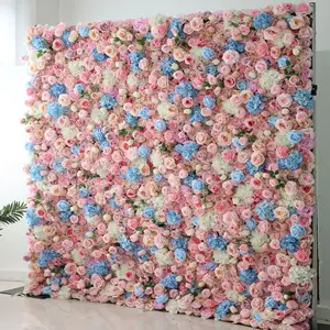 Vente en gros 3D Cusatom 8ftx8ft tissu de soie rose rouge enroulable rideau fleur toile de fond murale pour mariage événement fête