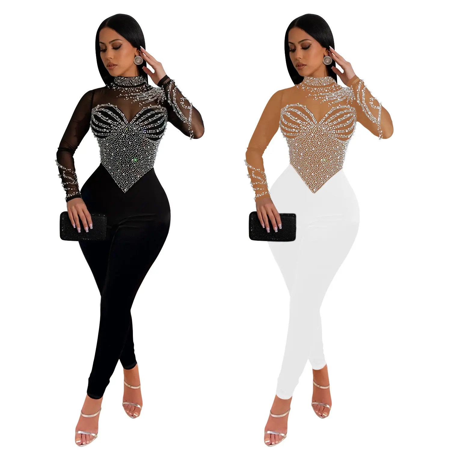 C6912 summer diamond round neck long sleeve hollow out jumpsuit pant solid bodycon casual sexy bodysuit for women lady