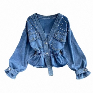 2026 <span class=keywords><strong>Bufa</strong></span> OEM Veste en jean pour femme Printemps Été Automne Nouvelle Mode Polyvalente Perlée Col en V Coupe Ample Courte Ajustable à la Taille Décontractée - Product Image 1