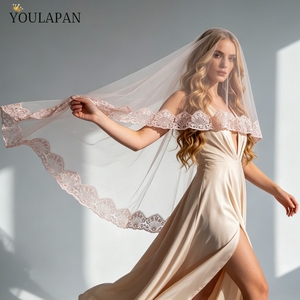 YouLaPan V337 Velo <span class=keywords><strong>de</strong></span> <span class=keywords><strong>novia</strong></span> rosa con ribete <span class=keywords><strong>de</strong></span> encaje, <span class=keywords><strong>de</strong></span> malla suave <span class=keywords><strong>de</strong></span> una sola capa, color rubor, ideal para la ceremonia nupcial <span class=keywords><strong>de</strong></span> la <span class=keywords><strong>novia</strong></span> - Product Image 2