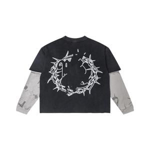 Cross-Border American Street Hip-Hop Cotton 280g Solid Long Sleeve Stitching <strong>T</strong>-<strong>shirt</strong> Men's Women's Loose Comfort Fashion <strong>Joker</strong> - Product Image 2