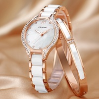 Sinobi, reloj de lujo para mujer, banda de cerámica, nueva tendencia, reloj de pulsera para mujer, PVD, chapado en oro rosa, Zirconia cúbica, abalorios de diamantes