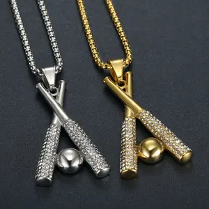 Venta al por mayor Hip Hop Deporte Joyería Chapado en oro de acero inoxidable Zirconia Collar de béisbol para los hombres