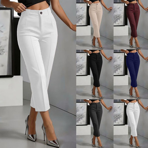 Pantalon de costume taille haute pour <span class=keywords><strong>femme</strong></span>, coupe slim droite, longueur cheville, avec bouton central sur le devant et fermeture éclair, personnalisable - Product Image 2