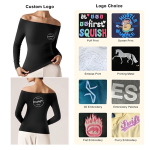 Venta al por mayor a granel, nuevo diseño informal, estilo deportivo, cuello Barco, <span class=keywords><strong>hombros</strong></span> descubiertos, camisas para mujer, camisetas de <span class=keywords><strong>manga</strong></span> <span class=keywords><strong>larga</strong></span> ajustadas - Product Image 3