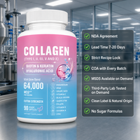 Marca Privada OEM, Complejo Multicolágeno I II III V X, Biotina, Queratina, 64000MCG, Ácido Hialurónico, Venta al por Mayor, 90 Cápsulas Vegetales