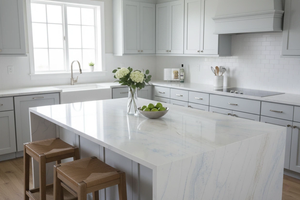 Dalles de quartz artificiel haut de gamme Union Quartz Vietnam Calacattra Starry Blue, 20 mm, pour plans de travail de cuisine, salle de bain et tables. - Product Image 2