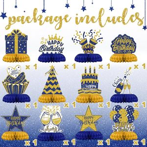 Décorations d'<span class=keywords><strong>anniversaire</strong></span> bleues <span class=keywords><strong>et</strong></span> dorées - Centres de table en nid d'abeille, élégants toppers de table pour adultes, décorations d'<span class=keywords><strong>anniversaire</strong></span> stylées - Product Image 3