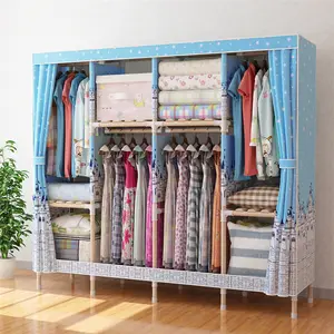 5.6Ft Wide Wooden Frame DIY Storage Organizer Foldable Clothes Closet Super Sturdy Portable Wardrobe Fabric Canvas Wardrobe