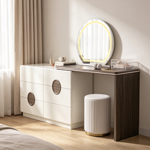 Tocador de maquillaje moderno blanco con espejo LED redondo, gabinete de almacenamiento y taburete para dormitorio. - Product Image 3