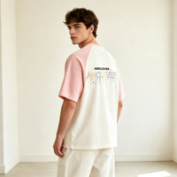 T-shirts pour hommes AMLClever 210 g/m², couleur contrastée unie, unisexe, manches raglan tombantes, impression DTF sur soie, OEM