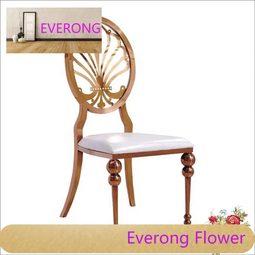 Cadeira de jantar com encosto oco em ouro rosa para banquetes de casamento, cadeira redonda em aço inoxidável em couro PU branco