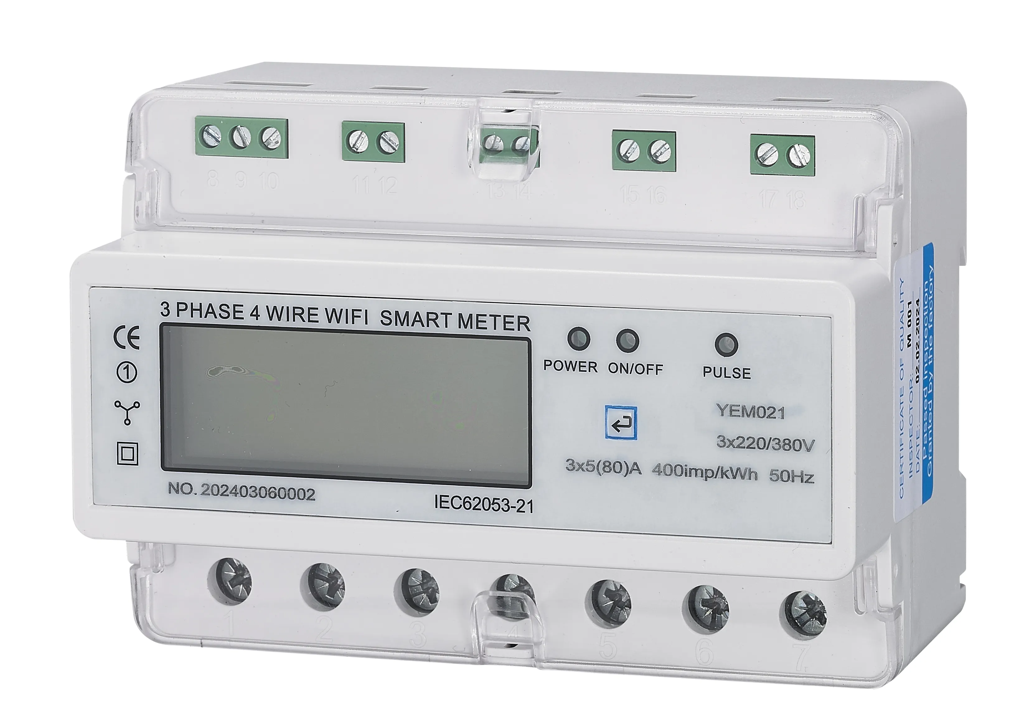 Medidor de energia inteligente trifásico com relé, fio 7P WIFI Din Rail, pode usar aplicativo para leitura e controle remoto