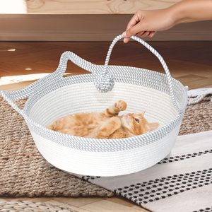 Cuccia per Cani Piccoli e Cuccioli, Cesto Intrecciato a Mano in Corda di Cotone per Gatti da Interno con Coda Giocattolo - Product Image 1