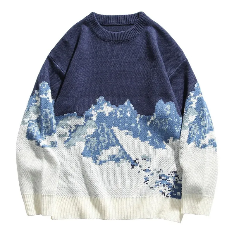 Autumn Winter Snow Mountain Letter print Knitted sweater men Long sleeve O neck blue black Pullover Oversized Male sweaters