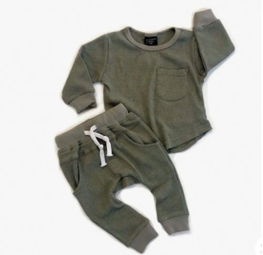 गर्म बिक्री बच्चों कपास वफ़ल कपड़े दो टुकड़ा शिशु संगठन सादे बच्चे सेट