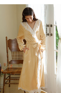 Jubah mandi wanita lengan panjang, jubah mandi wanita musim dingin, renda kerut, Gaun rias wanita, leher V, Kimono bulu untuk wanita - Product Image 4