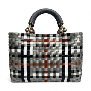 Handmade Woven Plastic Reusable Bag Eco Friendly Plaid Shopping Basket <b>Handbag</b> With Beaded Handle And Secure Metal Lock - Product Image 3