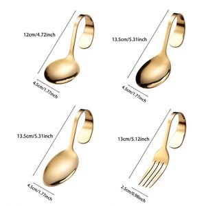 Fourchette et cuillère créatives en acier inoxydable à manche courbé, cuillère à condiments suspendable pour yaourts, desserts, glaces et buffets - Product Image 2