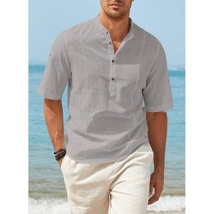 Custom Men's Cotton <b>Linen</b> Henley <b>Shirt</b> Casual Button Down Tropical Beach T-<b>Shirt</b> Summer <b>Short</b> <b>Sleeve</b> ODM Woven Fabric - Product Image 3