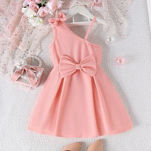 Ropa de verano para niñas, vestido acampanado para niños, correa de lazo, hombro oblicuo, Color sólido, rosa, diseño Sexy, vestido ajustado - Product Image 6