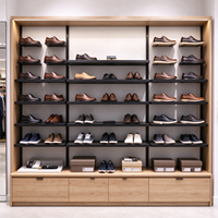 Étagère à vêtements murale avec cadre métallique gris et panneau en bois, plateau à chaussures et tringle de suspension, CE ETL, vente en gros pour boutiques