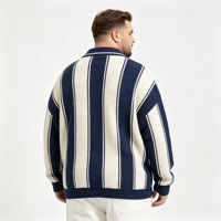 Pulls en maille pour hommes OEM à rayures verticales bleu marine et blanc, col côtelé, avec logo et écusson brodés en chenille personnalisés
