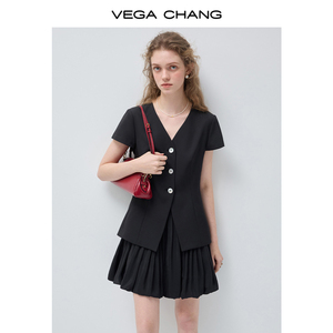 VEGA CHANG Abito da Donna Personalizzato Stile Completo Nero con Top Blusa Scollo a V e Gonna Plissettata per Ufficio e Occasioni Formali - Product Image 2