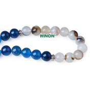 Vente en gros professionnelle de tasbih musulman pour hommes en agate bleue et blanche naturelle de 10 mm, 33 perles, misbaha turque, cadeau de Ramadan et de l'Aïd