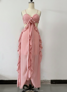 فستان ماكسي أنيق بوهيمي بدون ظهر بحمالات رفيعة من الشيفون مع كشكشة للنساء لحفلات الشاطئ الصيفية والمناسبات المسائية - Product Image 4