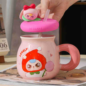 Mug en céramique au design moderne 2025 avec couvercle pour couples, tasse à paille pour enfants, cadeau du Festival Qixi, tasse à eau pour usage domestique pour bébé de trois ans - Product Image 4
