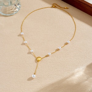 Pearl Clavicle Chain Gold Plated Stainless Steel Y Shaped Scallop Pendant Necklace Daily Party Jewelry - Product Image 3