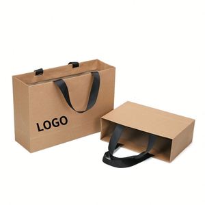 Bolsas de Compra de Papel Kraft Reciclable de Lujo con Impresión Personalizada, Asa de Cinta para Empaque de Zapatos y Ropa (Tamaño y Color Personalizables) - Product Image 1