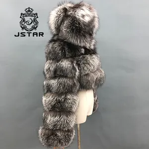 JSTAR womens long real silver fox fur coat hooded Genuine Fox Fur coat women crystal fox fur coat with hood