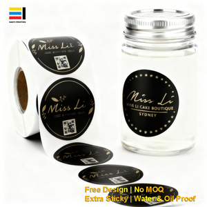 Kişiselleştirilmiş Özel Su Geçirmez Vinil Yapışkanlı Gıda Ürün Etiketleri Altın Varak Baskılı Dairesel Logo Çıkartmaları ve QR Kod Etiketleri - Product Image 1