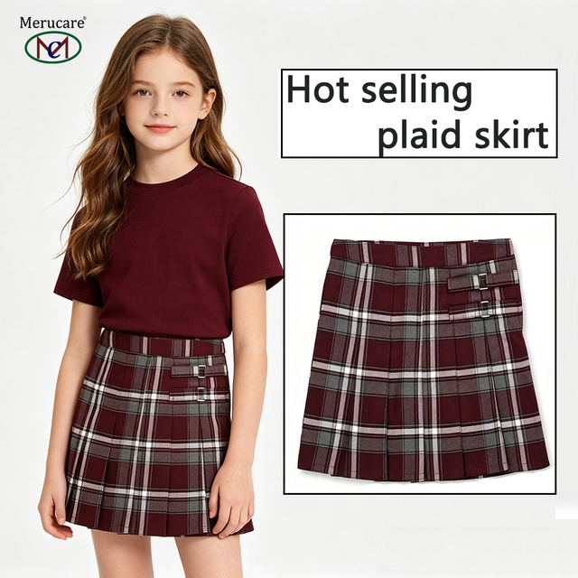 Custom Primary School Summer Pleated Mini Skirt Adjustable French Style Toast Short Plaid Kids Skirts Wholesale Skorts