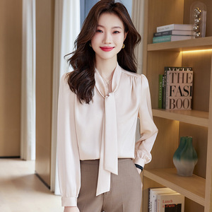 Women's Chiffon Blouse Long Sleeve Solid Color <b>Wrap</b> Tie Office Shirt <b>White</b> Champagne Black Gray Polyester Fabric - Product Image 1