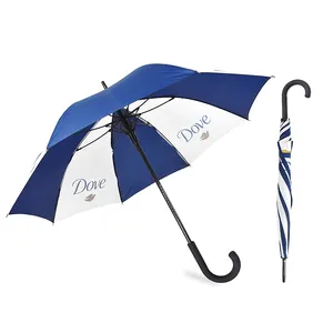 Custom logo blue and white two tone umbrella paraguas umbrella straight umbrella for rain with curved handle