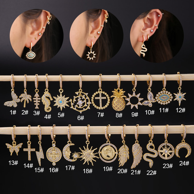 24 Designs Gold CZ Tragus Hoop Earring Lobe Helix Piercing Jewelry With Pendant Fashion Accessories for Women