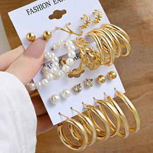 Ensemble de boucles d'oreilles Vintage géométriques en or pour femmes, boucles d'oreilles rondes en <span class=keywords><strong>perles</strong></span> pour femmes, Brincos tendance 2022, bijoux cadeaux féminins - Product Image 4