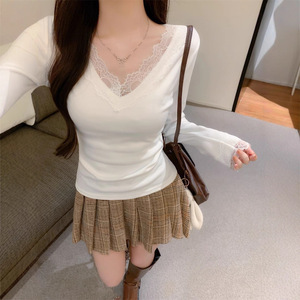 White V-Neck Lace Trim Knit Top For Women Slim Fit Everyday Wear Base Layer Long Sleeve Blouse - Product Image 4